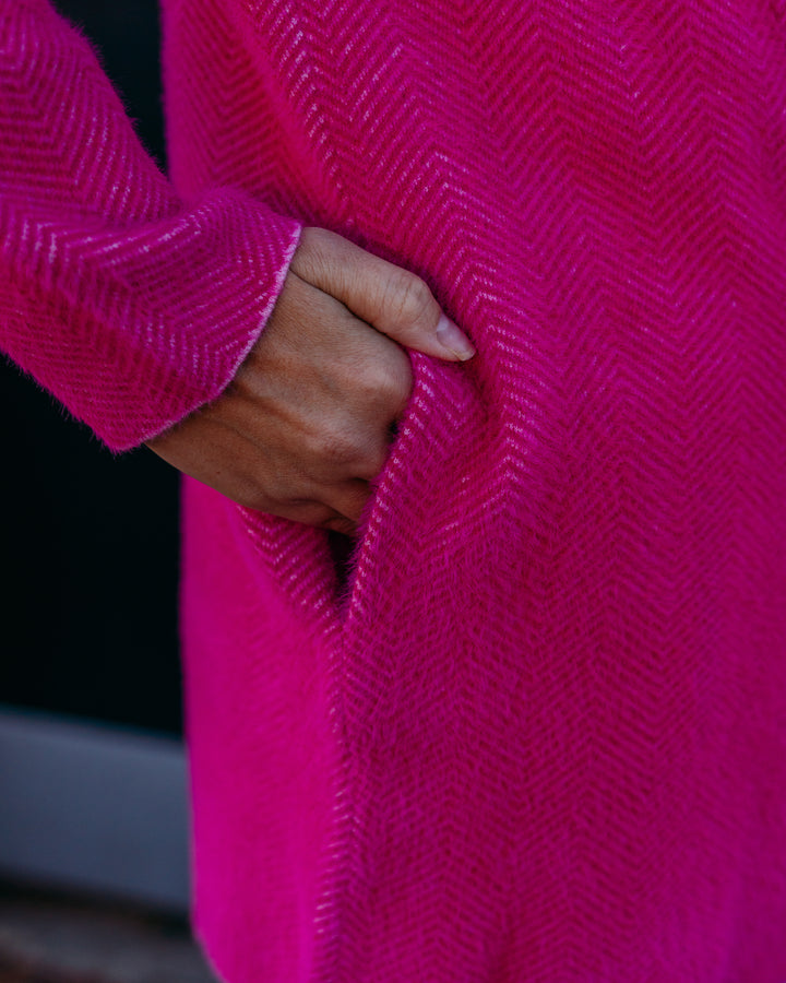 Liverpool: Long Sleeve Open Front Sweater Coat in Deep Raspberry