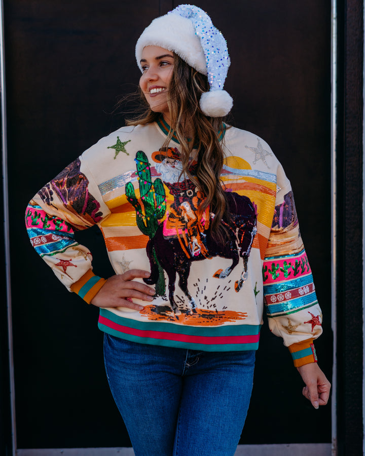 Queen Of Sparkles: Multi Vintage Cowboy Santa Sweatshirt