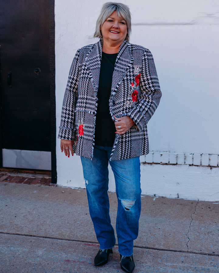 John Mark: Plaid Tweed Coat With Fringe in White/Black J45655JM