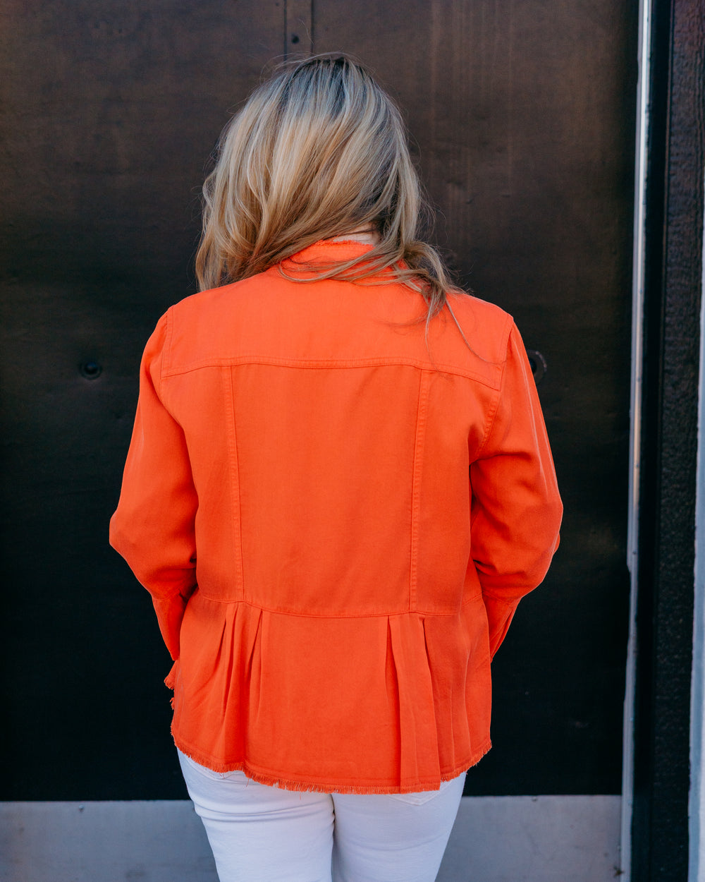 Multiples: 3/4 Flounce Slv 2-Pocket Button Front Peplum Jacket in International Orange (M26510JM) - The Vogue Boutique