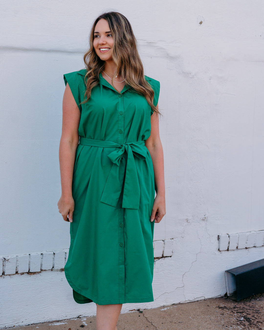 Jade: Round Hem Midi Dress in Green (76A8056) - The Vogue Boutique