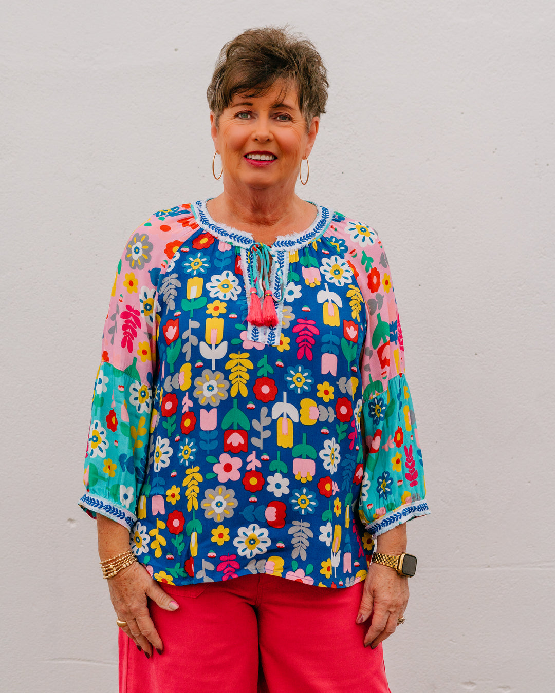 John Mark: Multi Floral Top with Frayed Trim, Tassel Ties & Blouson Sleeves (J26436TM) - The Vogue Boutique