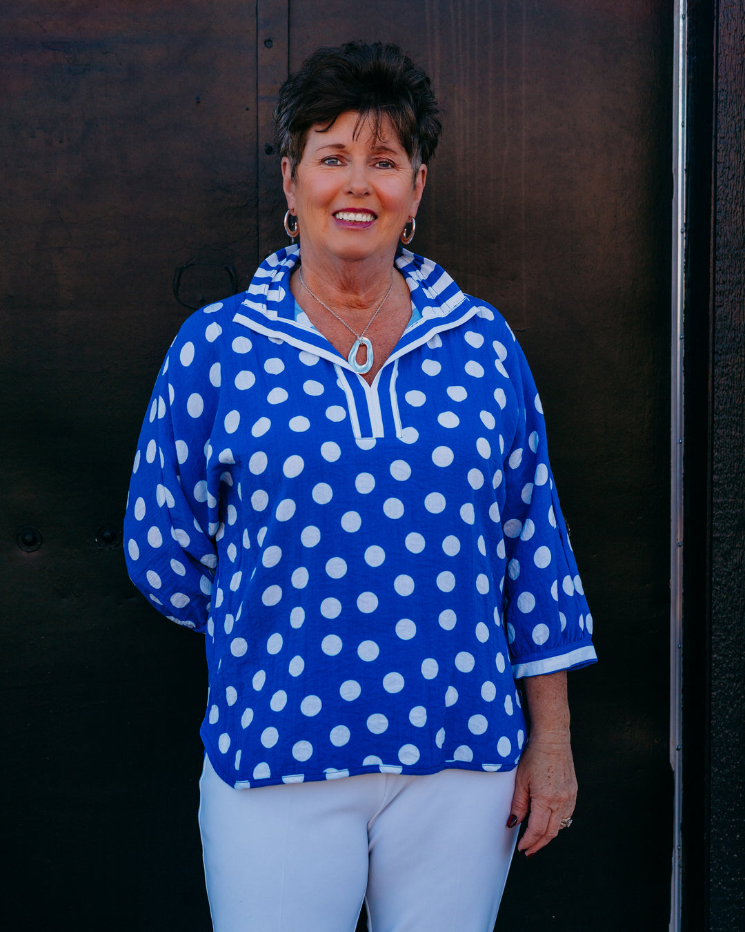 Multiples: Cuffed 3/4 Dolman Sleeve Front Band Neck Opening Top in Electric Blue (M26506TM) - The Vogue Boutique