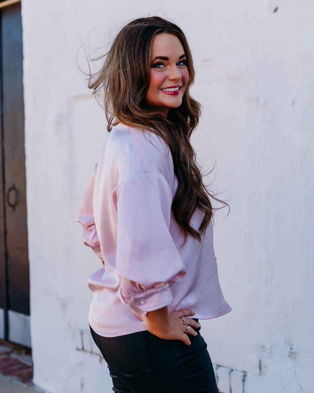 Karen Kane: Lantern Sleeve Satin Top in Pink  (4L11819)