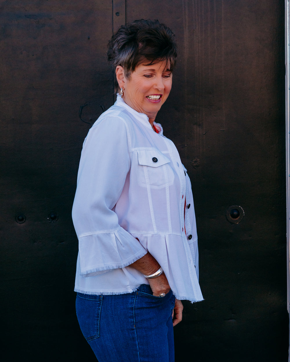 Multiples: 3/4 Flounce Sleeve 2-Pocket Button Front Peplum Jacket in White (M26510JM) - The Vogue Boutique