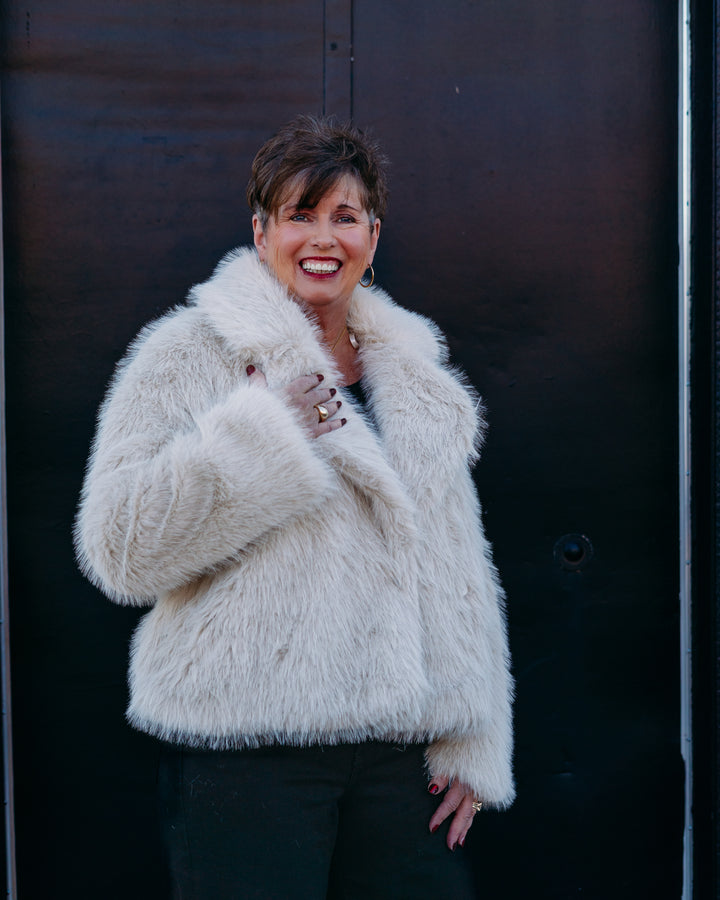 Karen Kane: Cropped Faux Fur Jacket in Stone