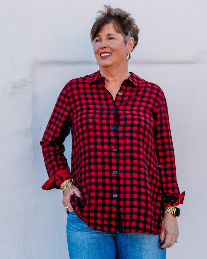 Multiples: Turn-up Cuff 3/4 Sleeve Button Front Woven Shirt in Multi (M45203BM)
