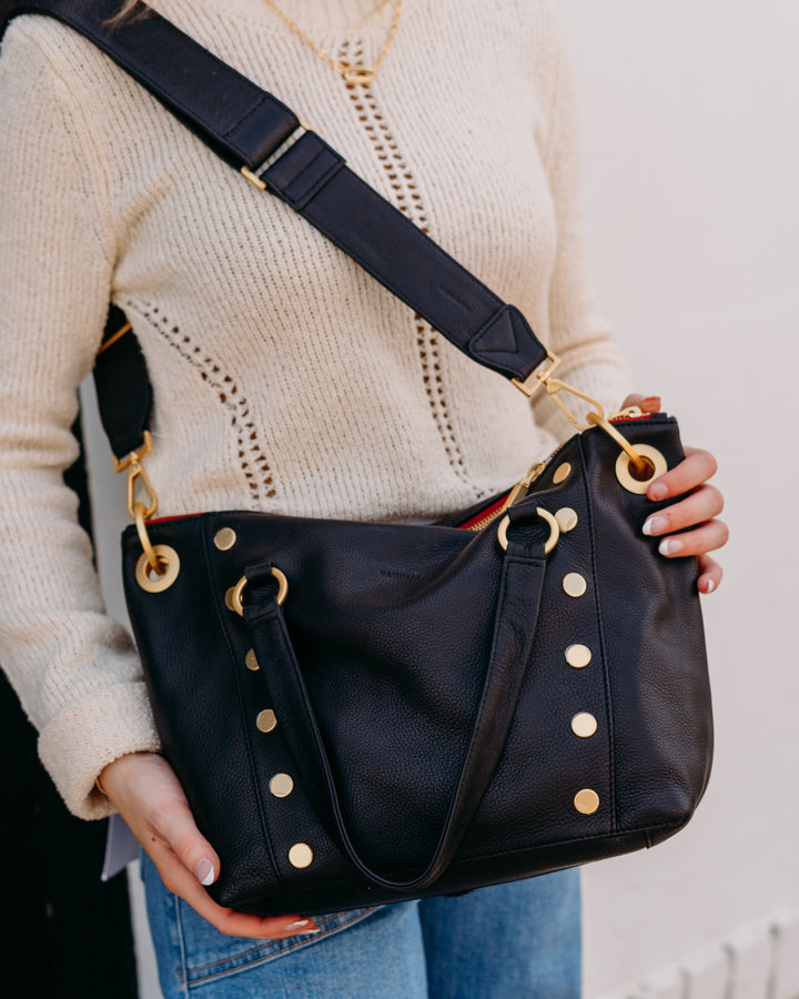 Hammitt: Daniel Med in Black/Brushed Gold Red Zip - The Vogue Boutique