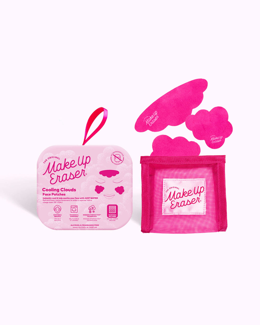 MakeUp Eraser Cooling Clouds face patches in pink packaging with cloth pouch