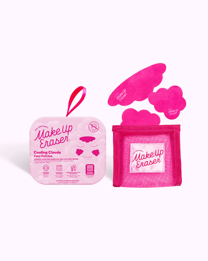 MakeUp Eraser Cooling Clouds face patches in pink packaging with cloth pouch