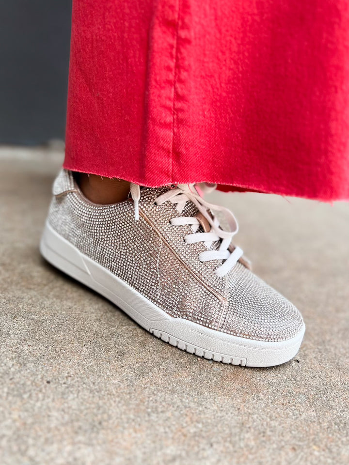 Jessica Simpson: Silesta Rhinestone Sneakers in Champagne Shimmer Sand - The Vogue Boutique