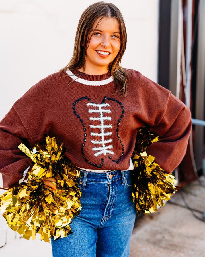 Queen Of Sparkles: Football Sweater in Brown