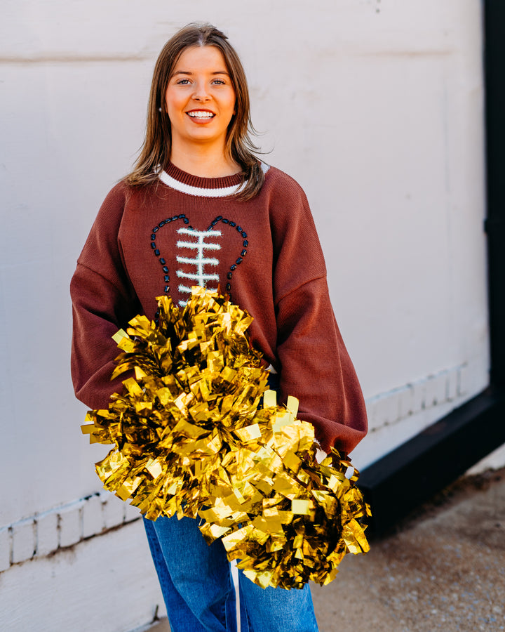 Queen Of Sparkles: Football Sweater in Brown