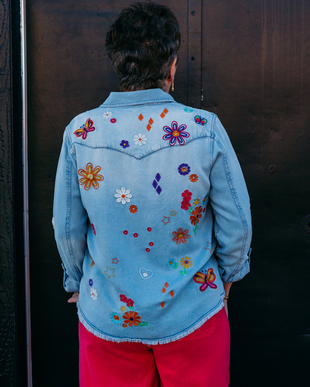 John Mark: Embroidered Blouse with Front Pockets & Roll Tab Sleeves in Multi (J16340BM) - The Vogue Boutique