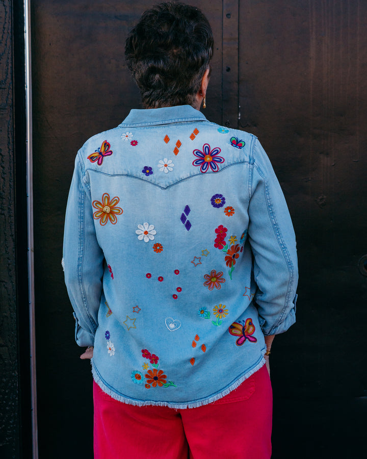 John Mark: Embroidered Blouse with Front Pockets & Roll Tab Sleeves in Multi (J16340BM) - The Vogue Boutique