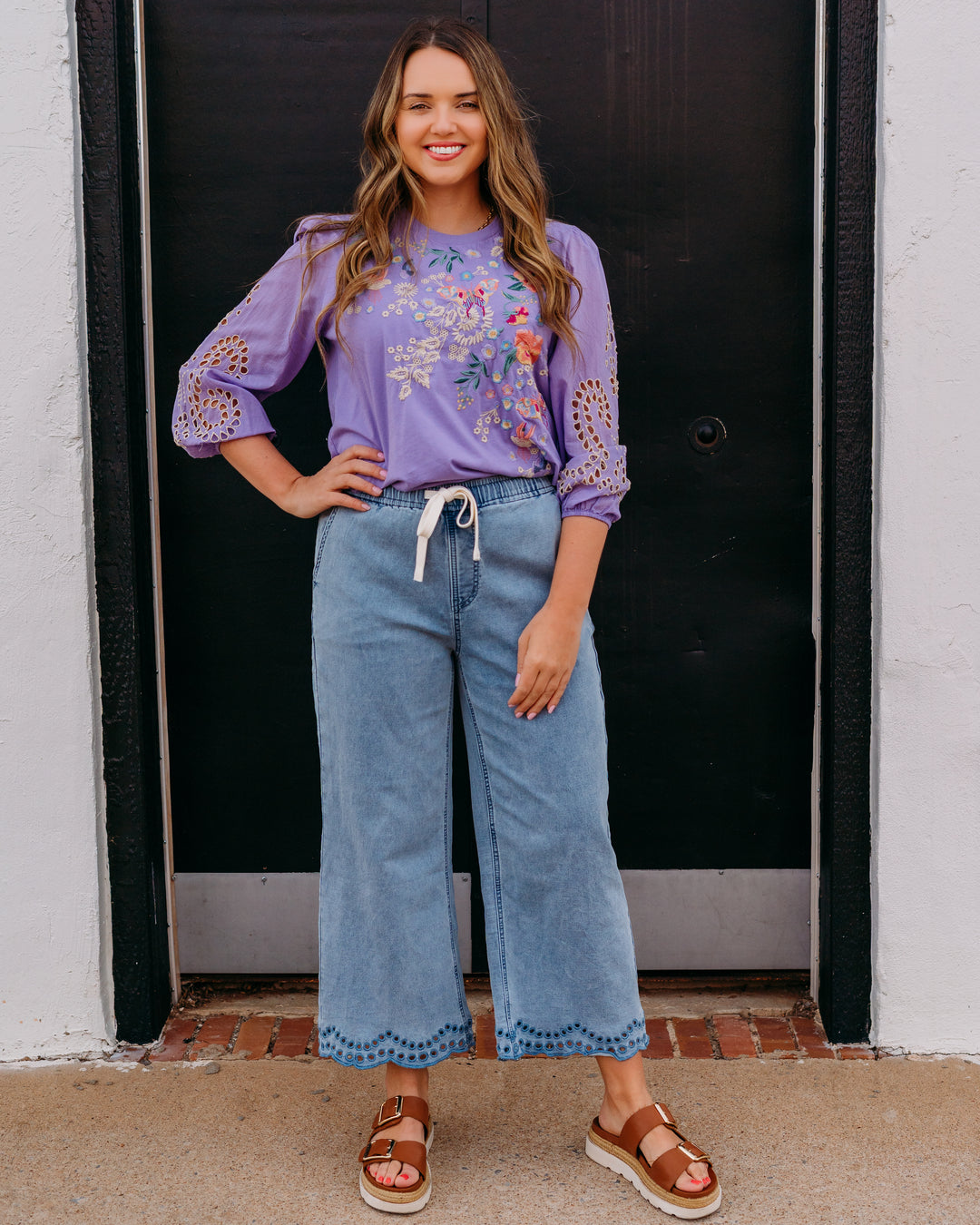 Johnny Was: 3/4 Sleeve Mixed Media Tee in Arva in Paisley Purple (J11026)