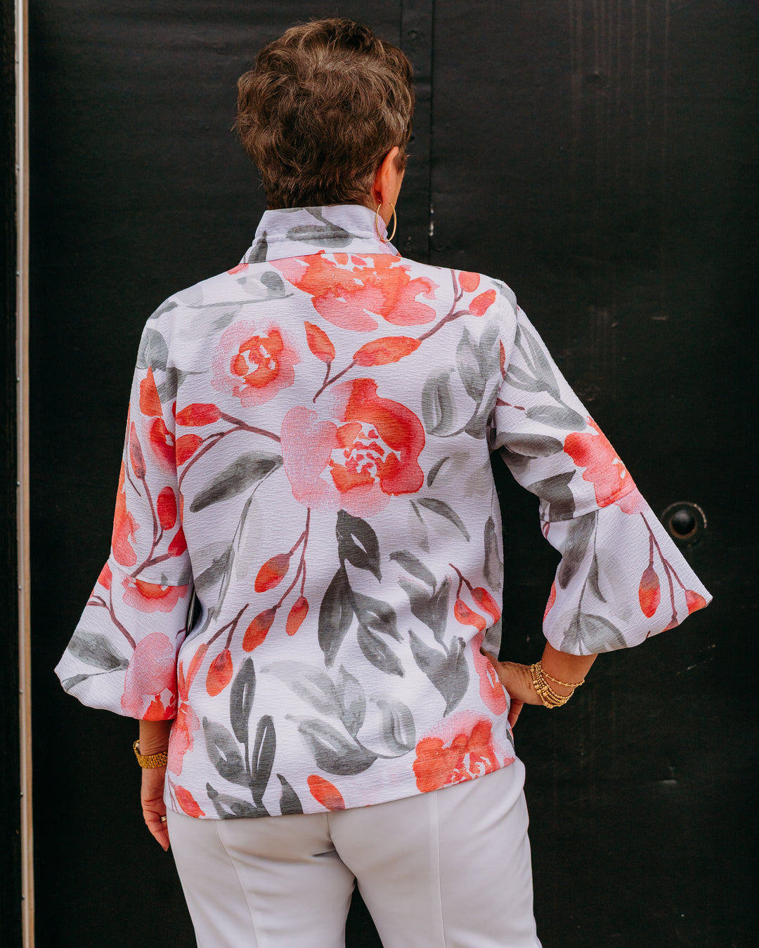 Multiples: 3/4 Puff Sleeve Wire Collar 2-Pocket Button Front Jacket in Multi (M26110JM)