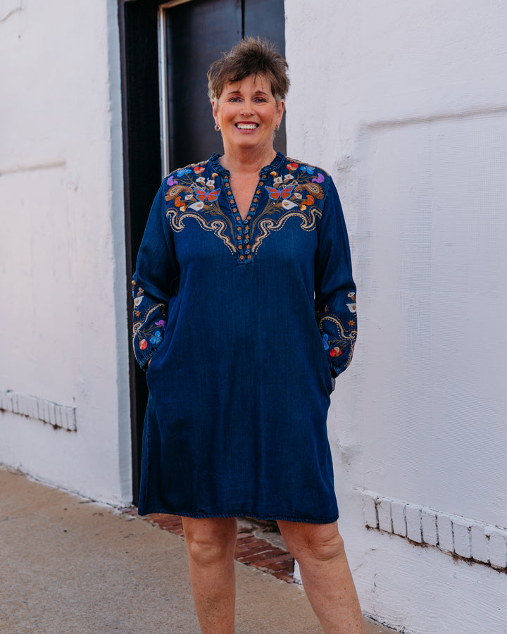 Johnny Was: Durago Ruffle Field Dress in Denim Blue