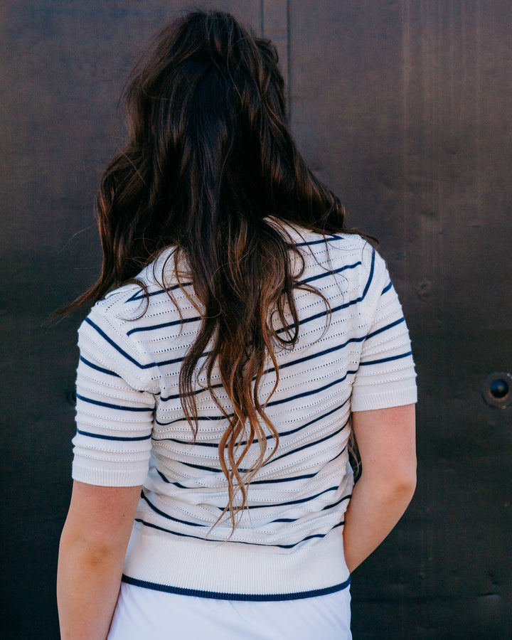 Varley: Wren Knit Polo in White / Blue Nights (VAR03116) - The Vogue Boutique