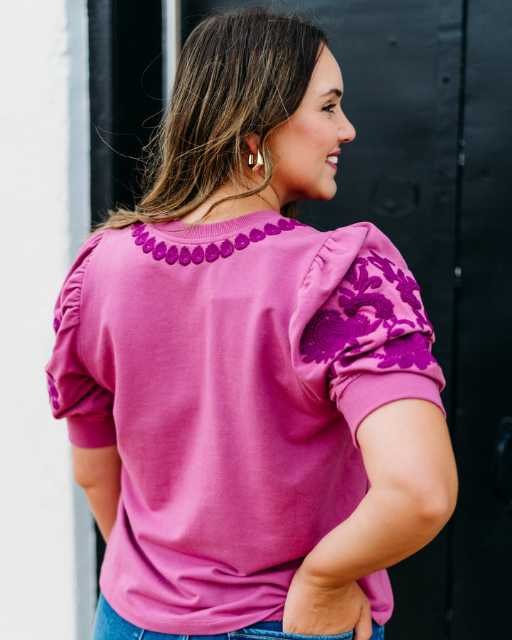Ivy Jane: Short Sleeve Embroidered Sweatshirt in Plum (691009)