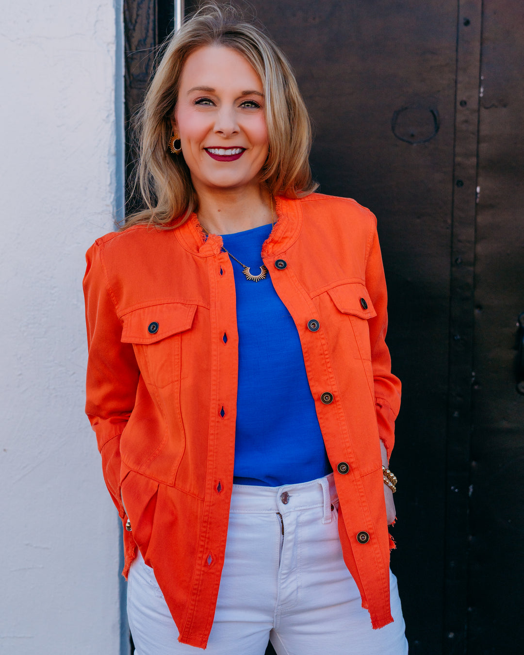 Multiples: 3/4 Flounce Slv 2-Pocket Button Front Peplum Jacket in International Orange (M26510JM) - The Vogue Boutique