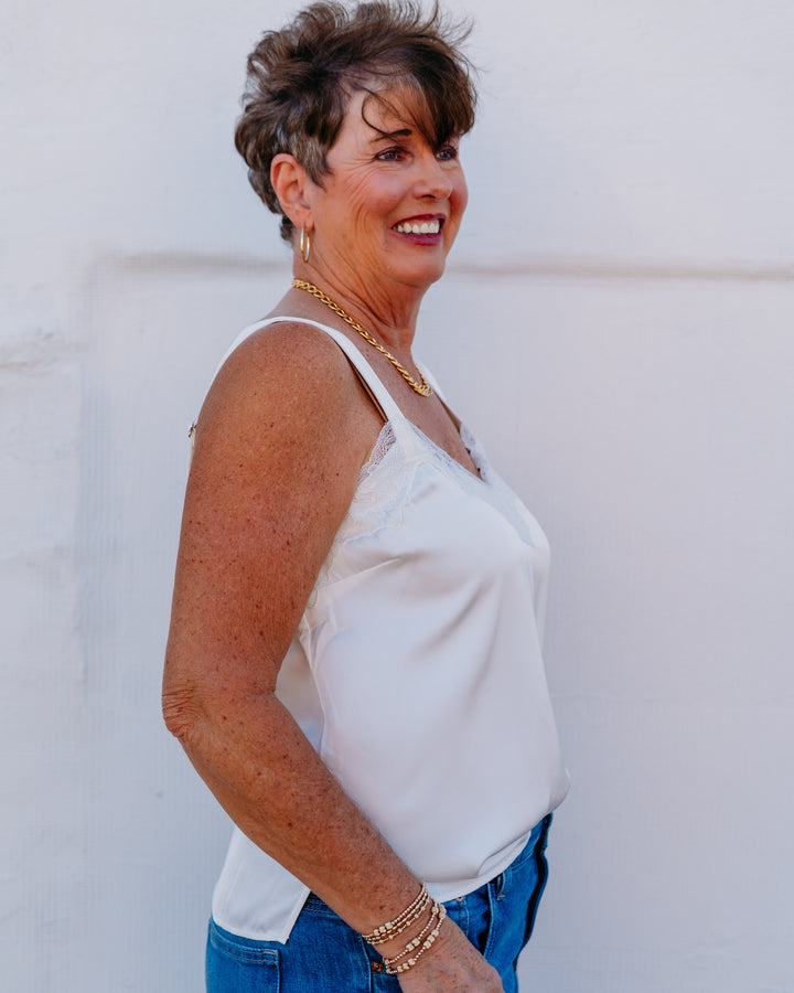 Liverpool: Woven Tank W/ Lace Trim in Whipped Cream