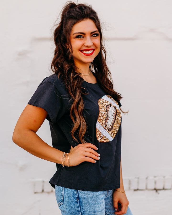 Queen of Sparkles: Black Jeweled Football Tee