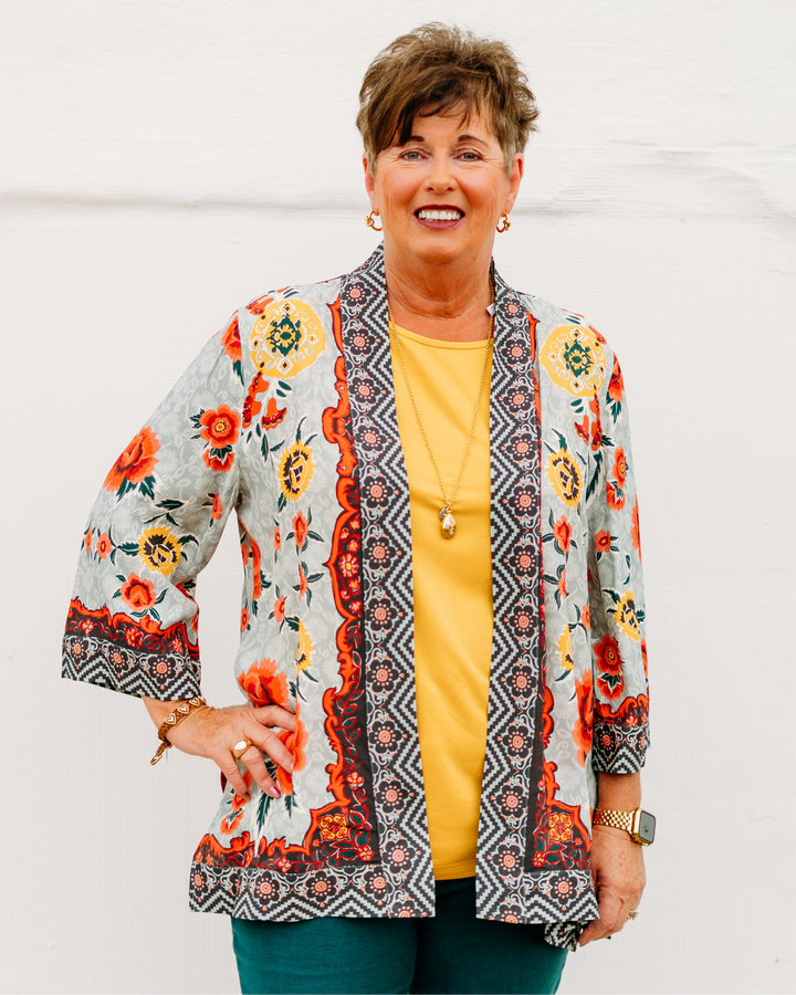Multiples:  (Sun Stone) 3/4 Sleeve Banded Open Front Jacket in Multi