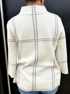 Multiples: 3/4 Flare Sleeve Mock Neck Plaid Sweater Knit Top in Gunmetal