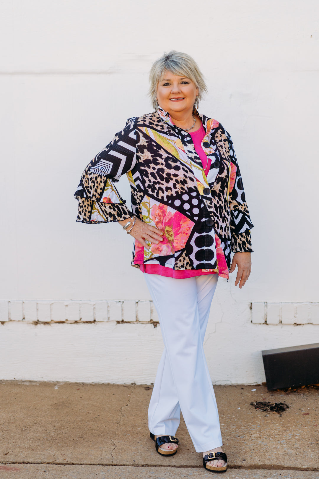 Multiples: DBL Peated Flounce 3/4 Sleeve Button Top in Multi M15407JM