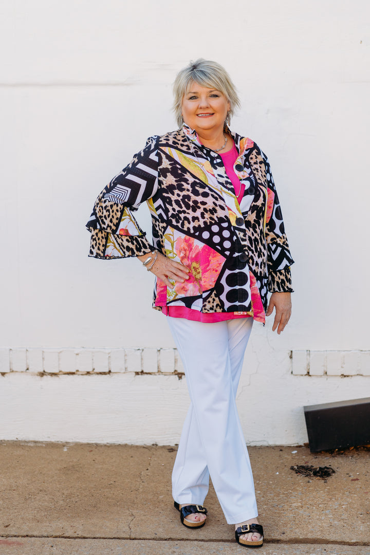 Multiples: DBL Peated Flounce 3/4 Sleeve Button Top in Multi M15407JM