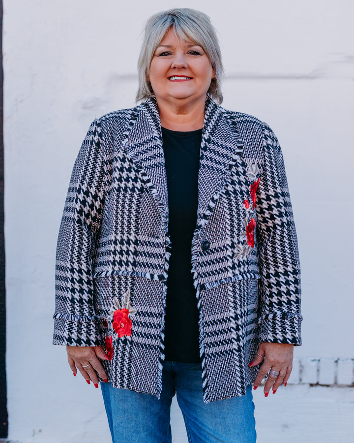 John Mark: Plaid Tweed Coat With Fringe in White/Black J45655JM