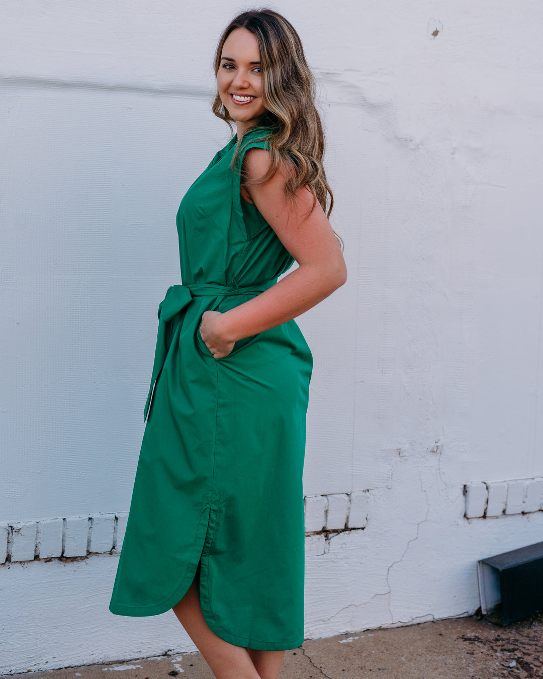 Jade: Round Hem Midi Dress in Green (76A8056) - The Vogue Boutique