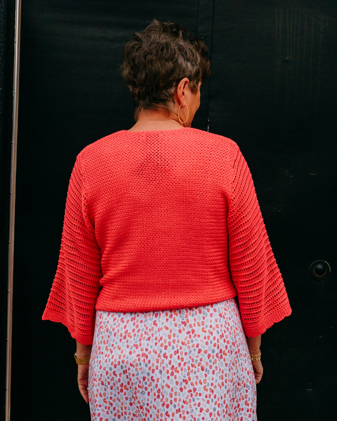 Multiples: 3/4 Sleeve Tie Front Waist Sweater Cardigan in Coral pink (M26105KM) - The Vogue Boutique