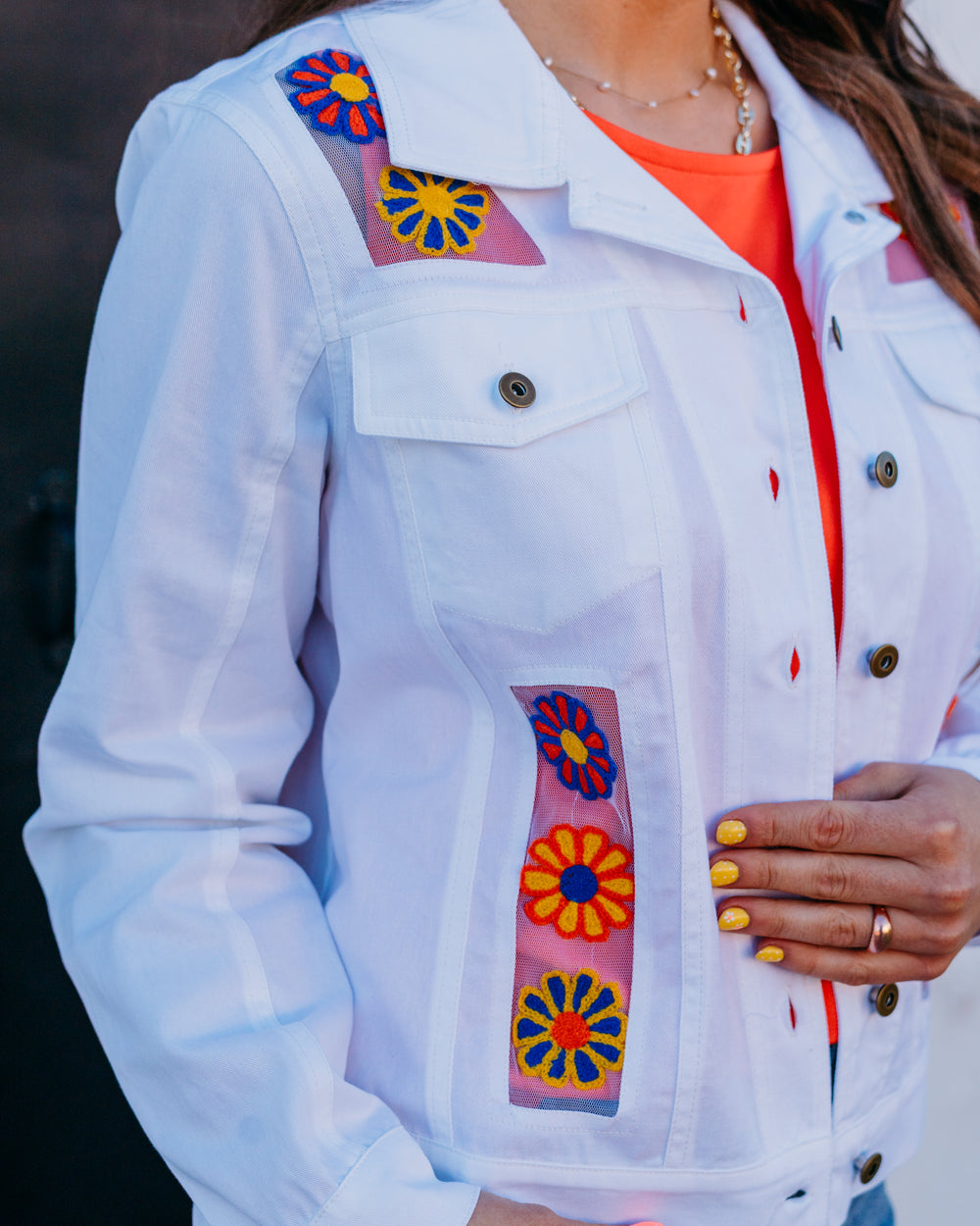 Multiples: Cuffed L/S 2Pkt Frt Btn Tab Bk Jkt W/Embr in White (M26503JM) - The Vogue Boutique