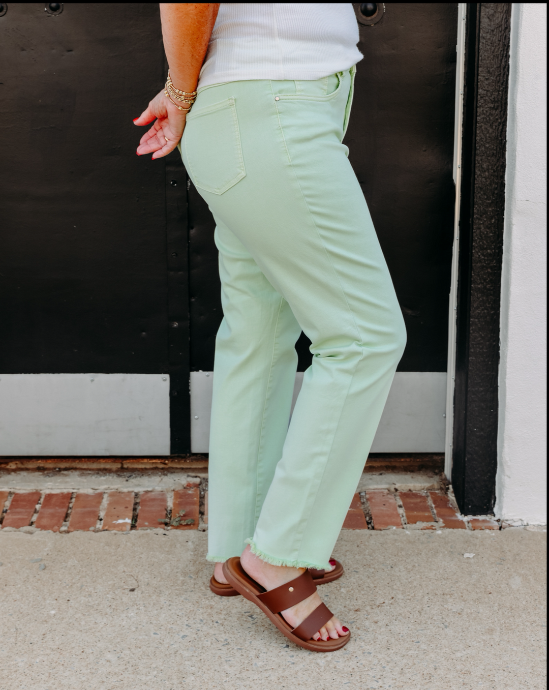 French Dressing Jeans: Olivia Slim Ankle Frayed Jeans in Mojito Green