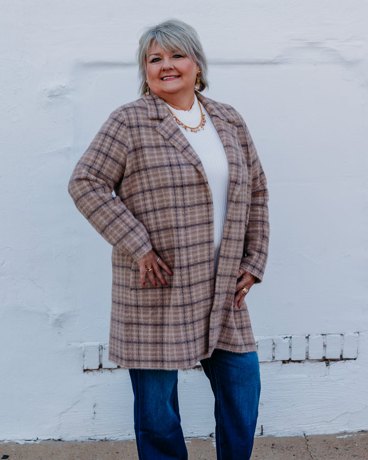 Liverpool: Long Sleeve Open Font Sweater Coat 32 3/4 in Camel Cream Plaid