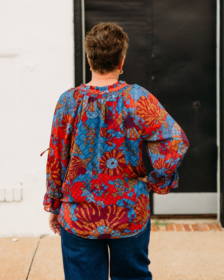 Multiples: Double Flounce Raglan 3/4 Sleeve Tie Front Shirred Neck Top (M35508TM)