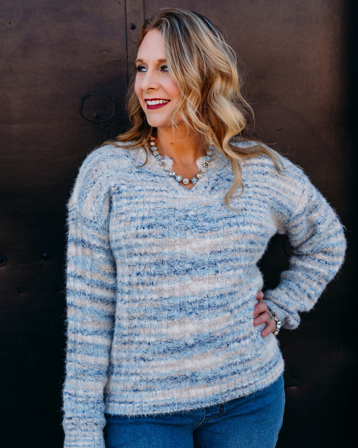 Charlie B: Notched Neck Sweater in Denim