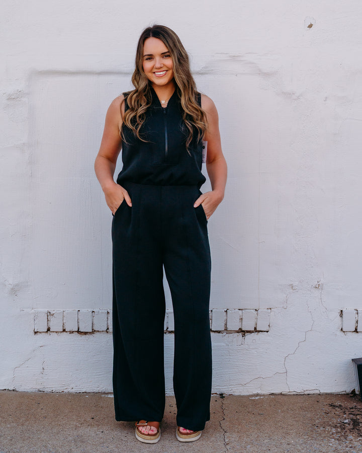 Spanx: Airessentials® Shawl Collar Half Zip Jumpsuit in Very Black (22464R) - The Vogue Boutique