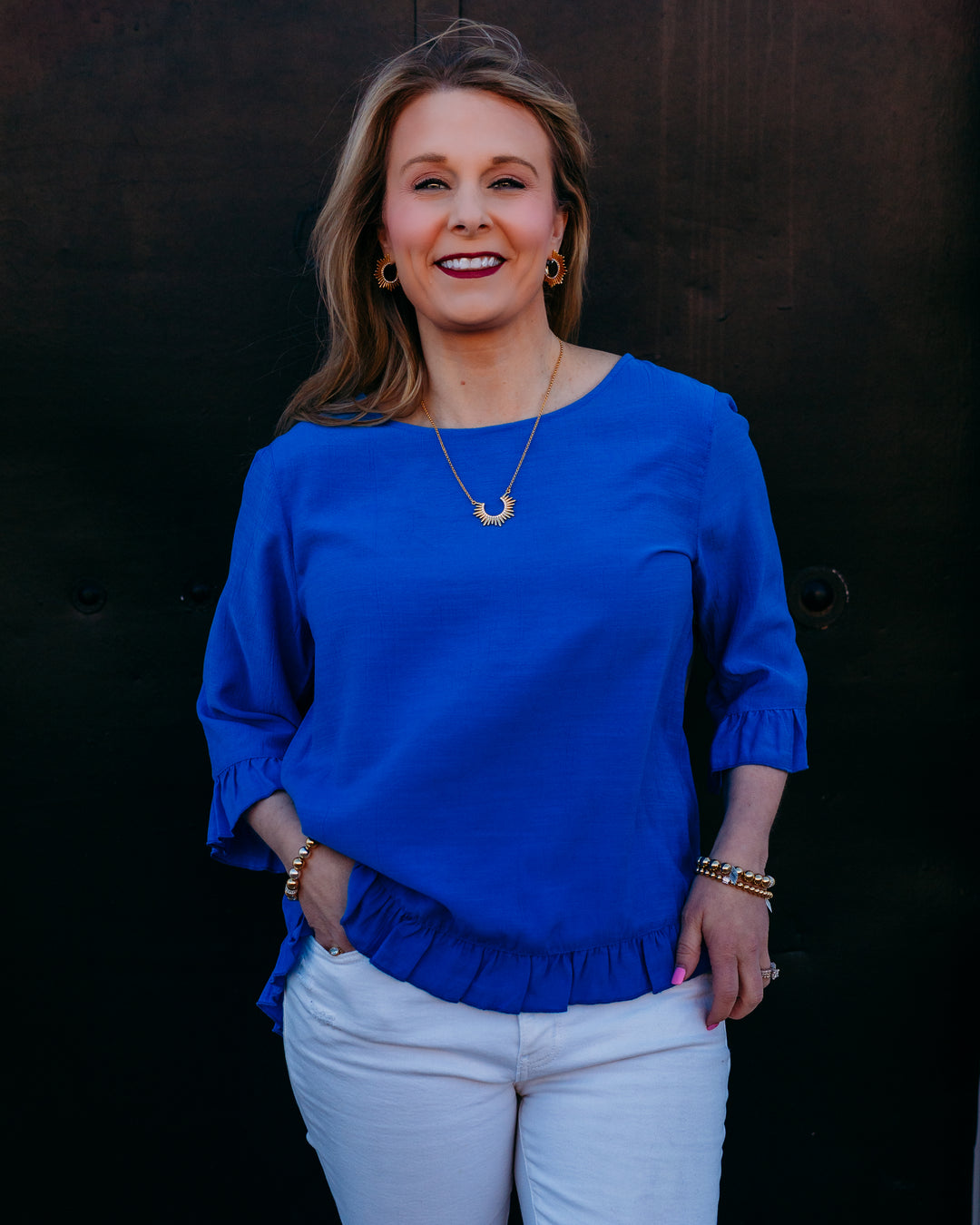 Multiples: Elbow Sleeve Scoop Neck Ruffle Hi-Lo Button Top in Electric Blue (M26511TM) - The Vogue Boutique