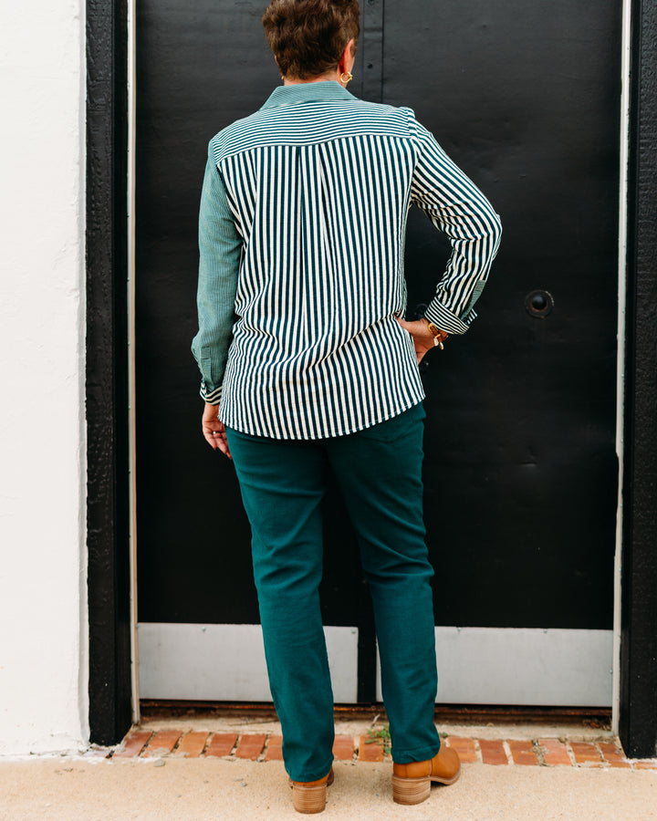 Multiples:  (Sun Stone) Turn-Up Cuff Long Sleeve Hi-Lo Shirt in Deep Green(M35609BM)