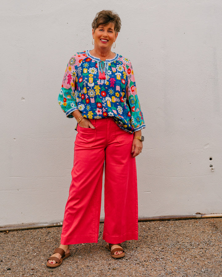 John Mark: Multi Floral Top with Frayed Trim, Tassel Ties & Blouson Sleeves (J26436TM) - The Vogue Boutique