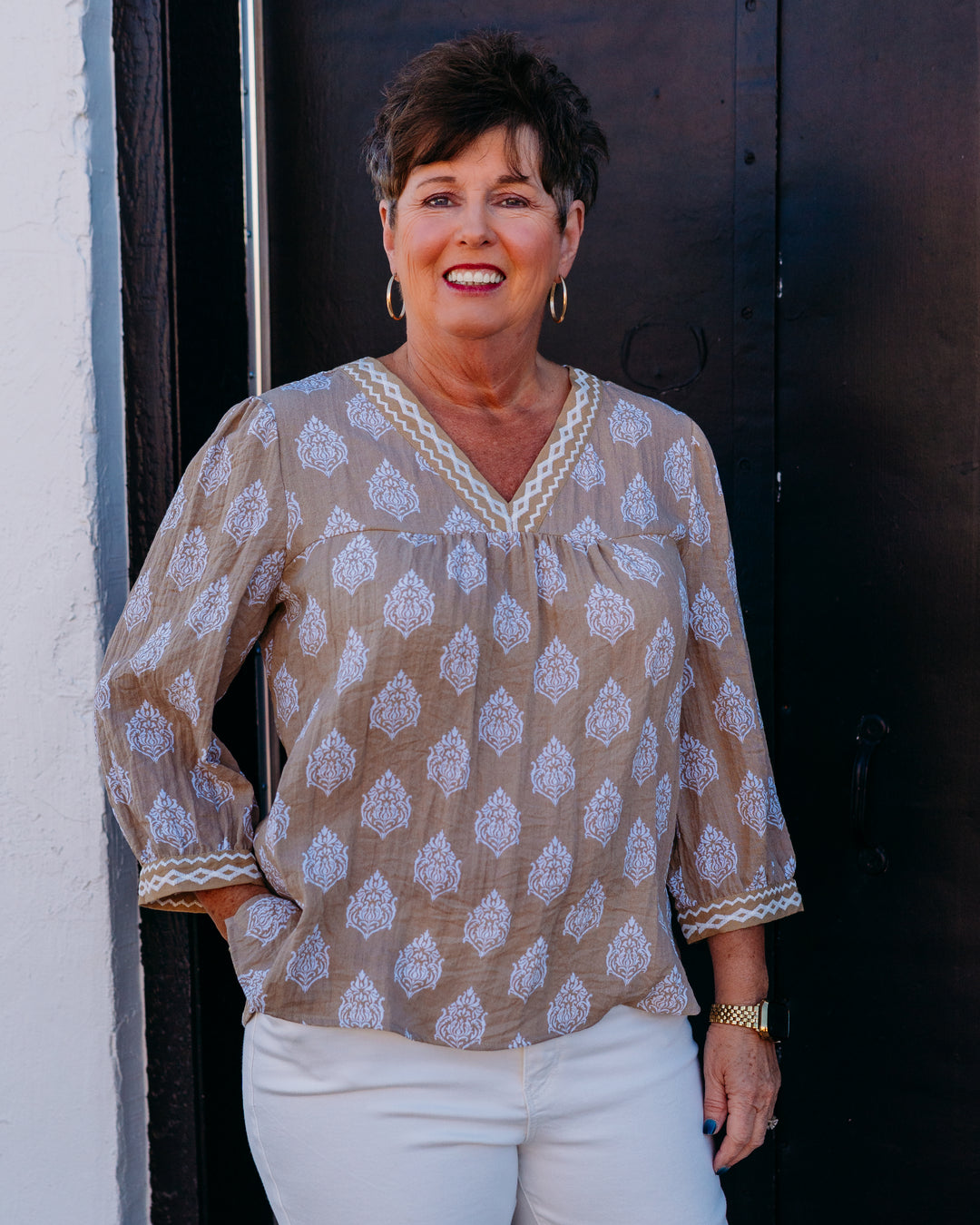 Multiples: Cuffed 3/4 Slv Banded V-Neck Top in Khaki (M26407TM)