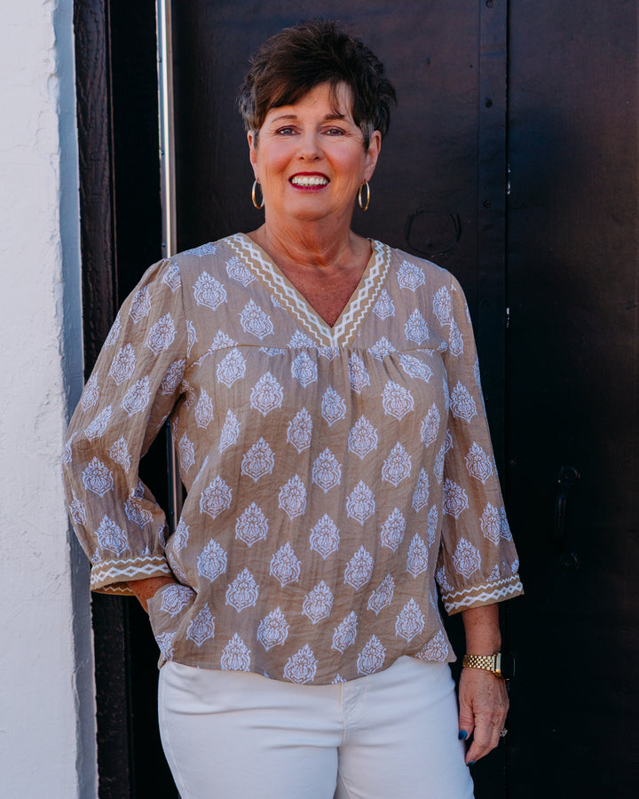 Multiples: Cuffed 3/4 Slv Banded V-Neck Top in Khaki (M26407TM)