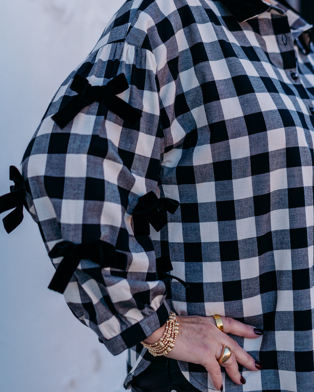 John Mark: Plaid Button Up Top With Velvet Collar in Black J45644TM