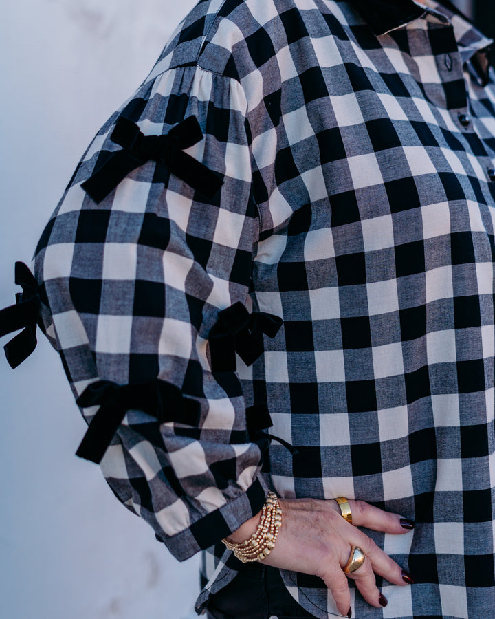 John Mark: Plaid Button Up Top With Velvet Collar in Black J45644TM