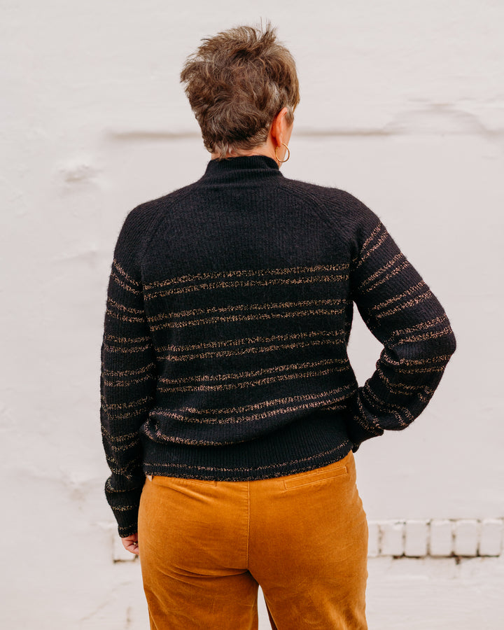 Charlie B: Striped Mock Neck Reglan Sleeves Sweater With Button Details in Black