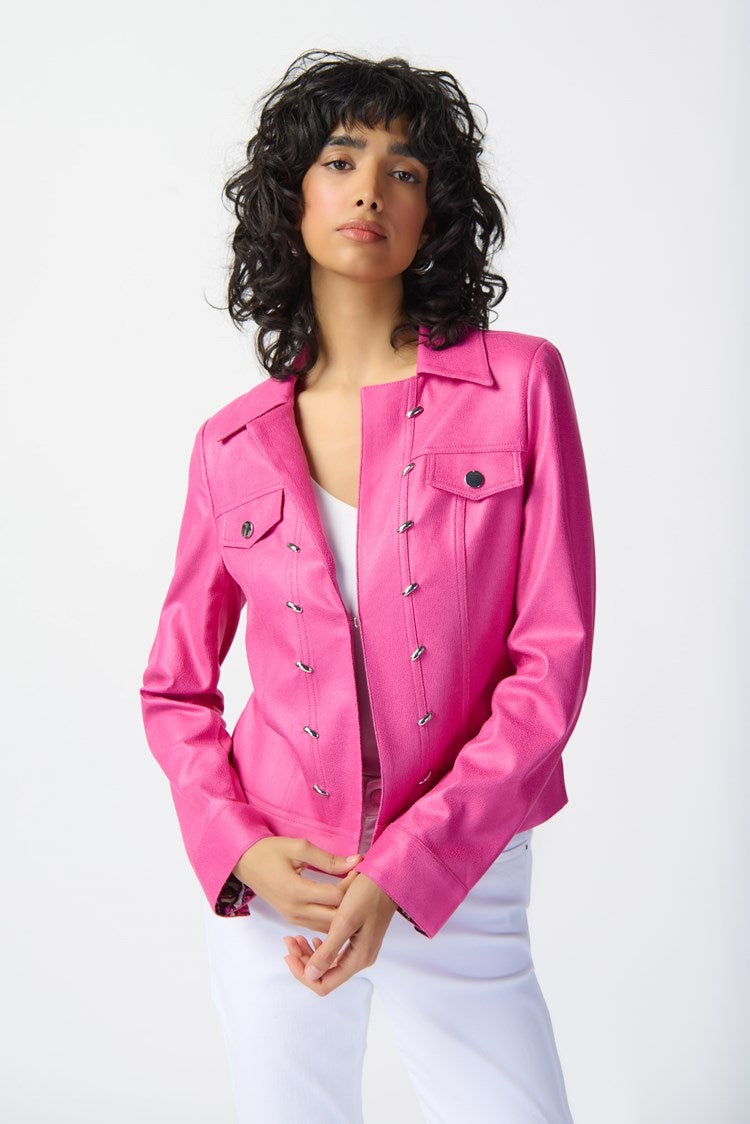 Joseph Ribkoff: Foil Suede Jacket with Metal Trims in Bright Pink 241911