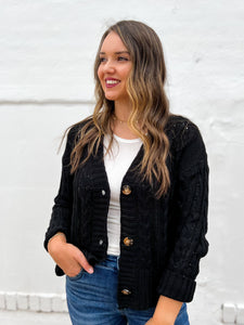 Glam: Cable Knit Sweater Cardigan in Black